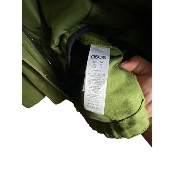 ASOS Olive Green Faux Fur Hooded Parka Coat Quilted Lined Jacket Women’s Size 12 - Picture 6 of 8